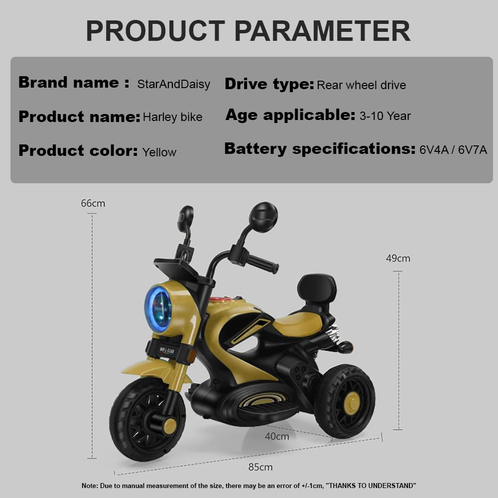 BIODANKORS 6V Kids Mini Harley Battery Operated Ride On 2003 Bike with 3 Wheel & Foot Accelerator (YELLOW)